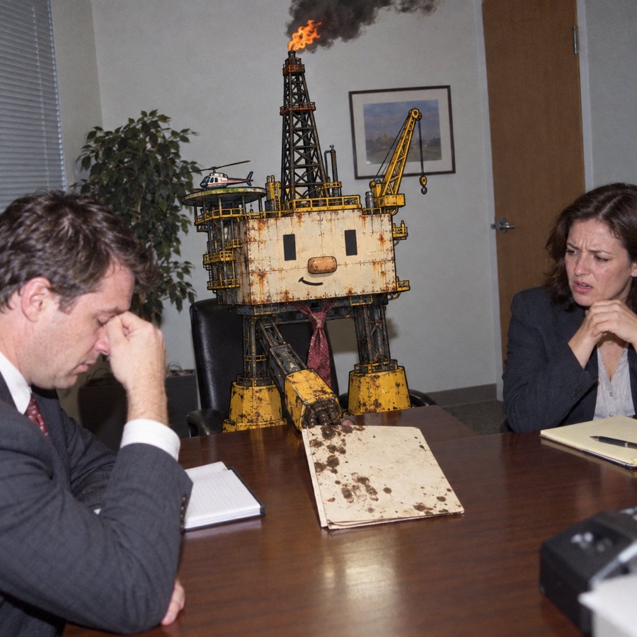 Oil Rig in a boardroom leaving an oily handprint on the paperwork