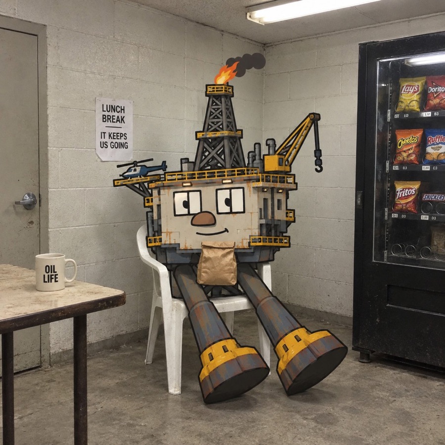 Oil Rig on lunch break next to the vending machine