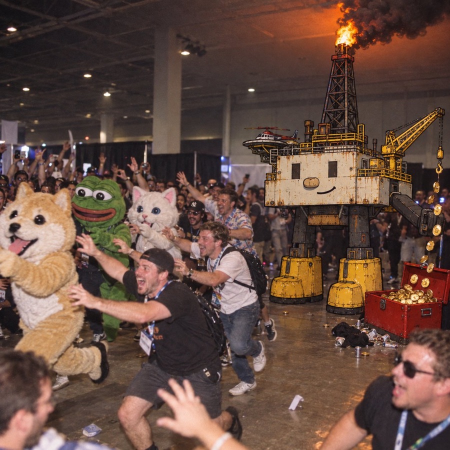Oil Rig chasing dog, frog and cat memecoin mascots through a crypto convention