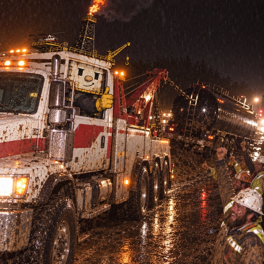 Oil Rig driving a tow truck hauling a tanker in the rain