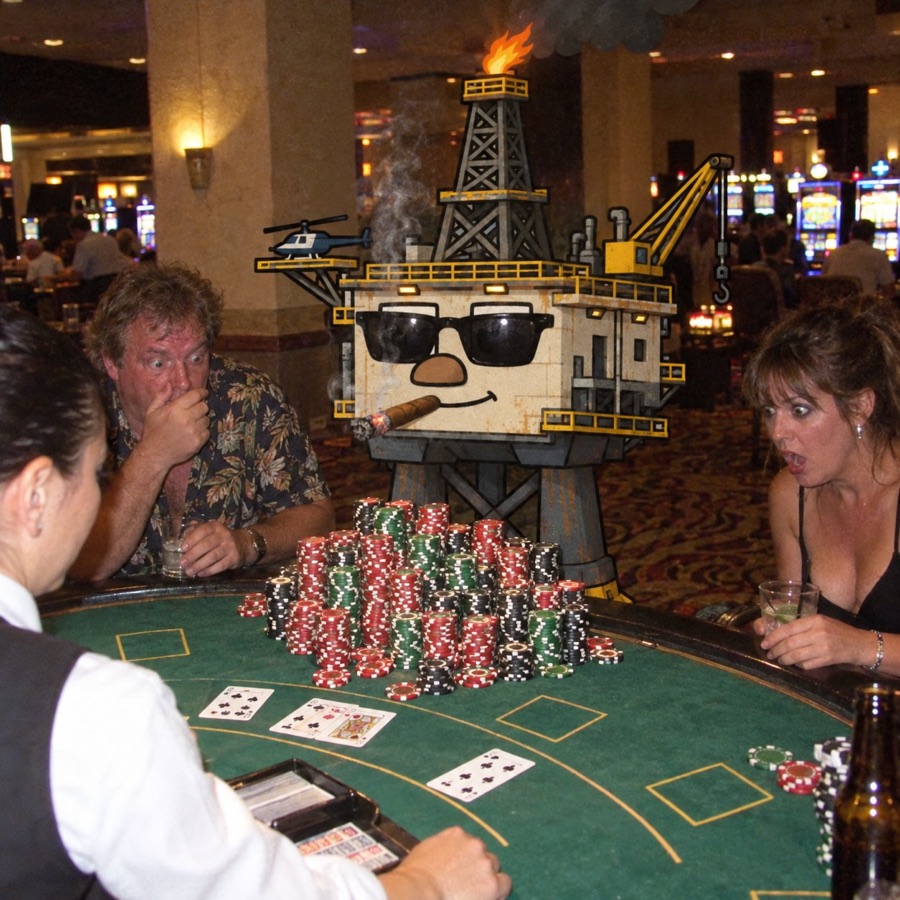 Oil Rig smoking a cigar at a blackjack table with a huge chip stack