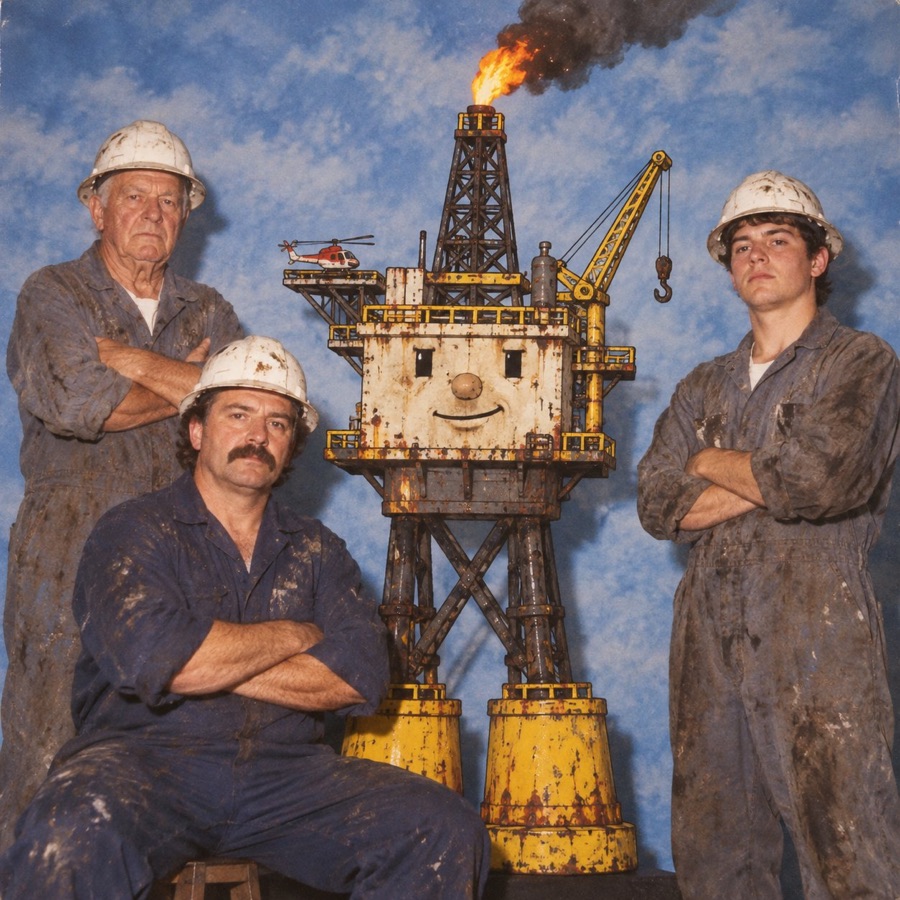 Oil Rig posing for a crew photo with rig workers
