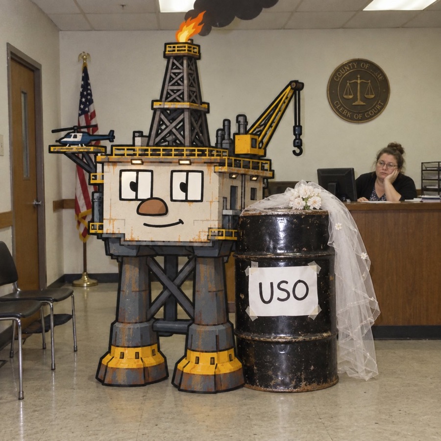 Oil Rig marrying a $USO oil barrel at the courthouse