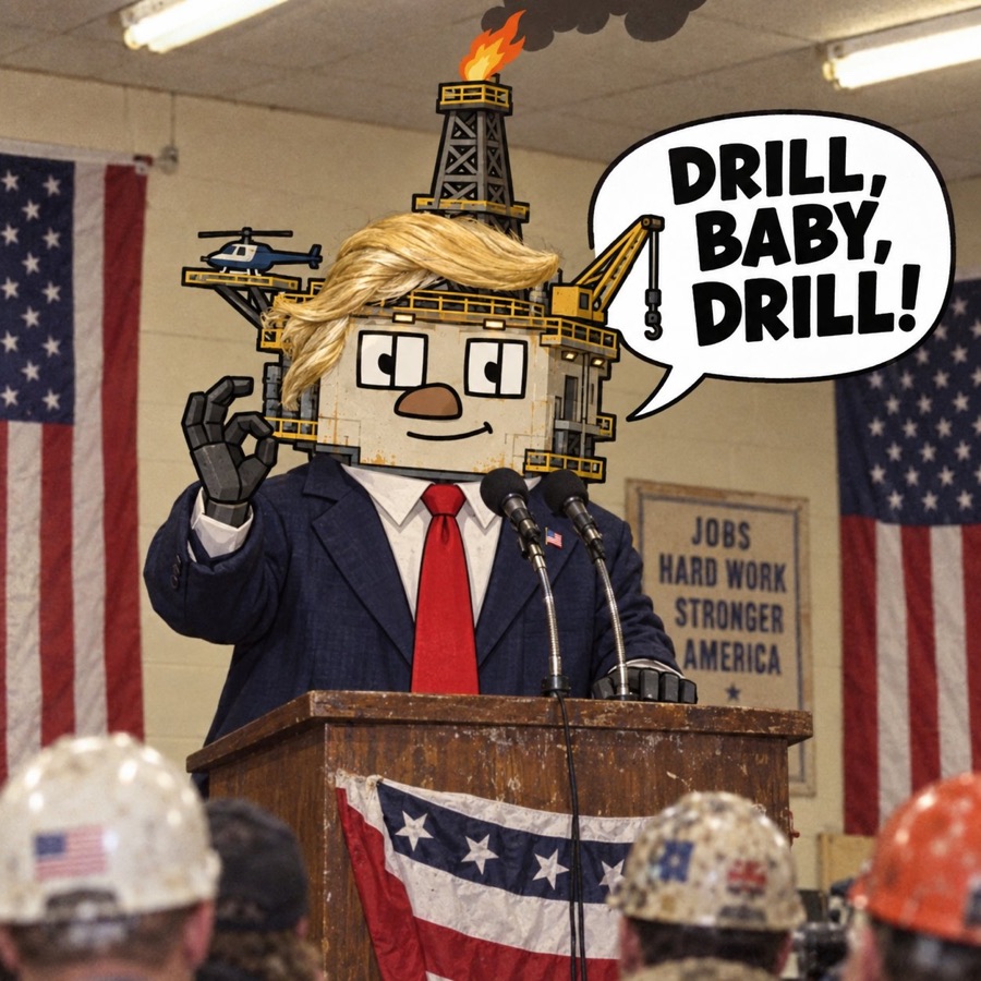 Oil Rig in a suit and blond wig at a podium saying 'Drill, baby, drill!'