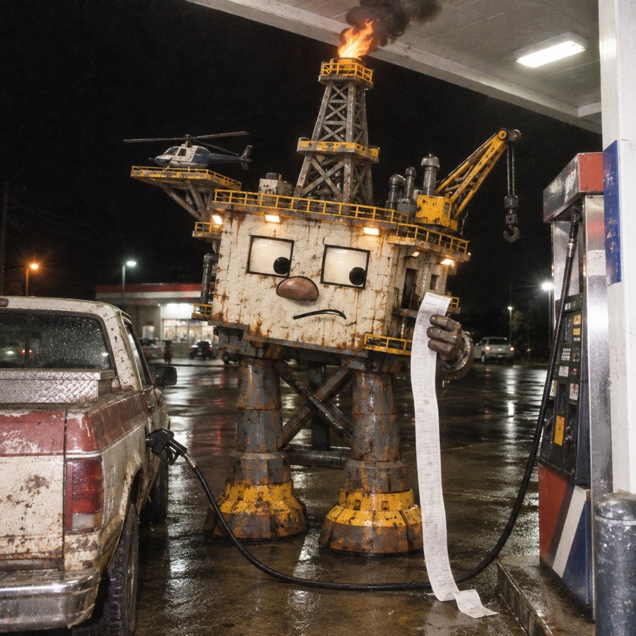 Oil Rig at a gas pump with a long receipt