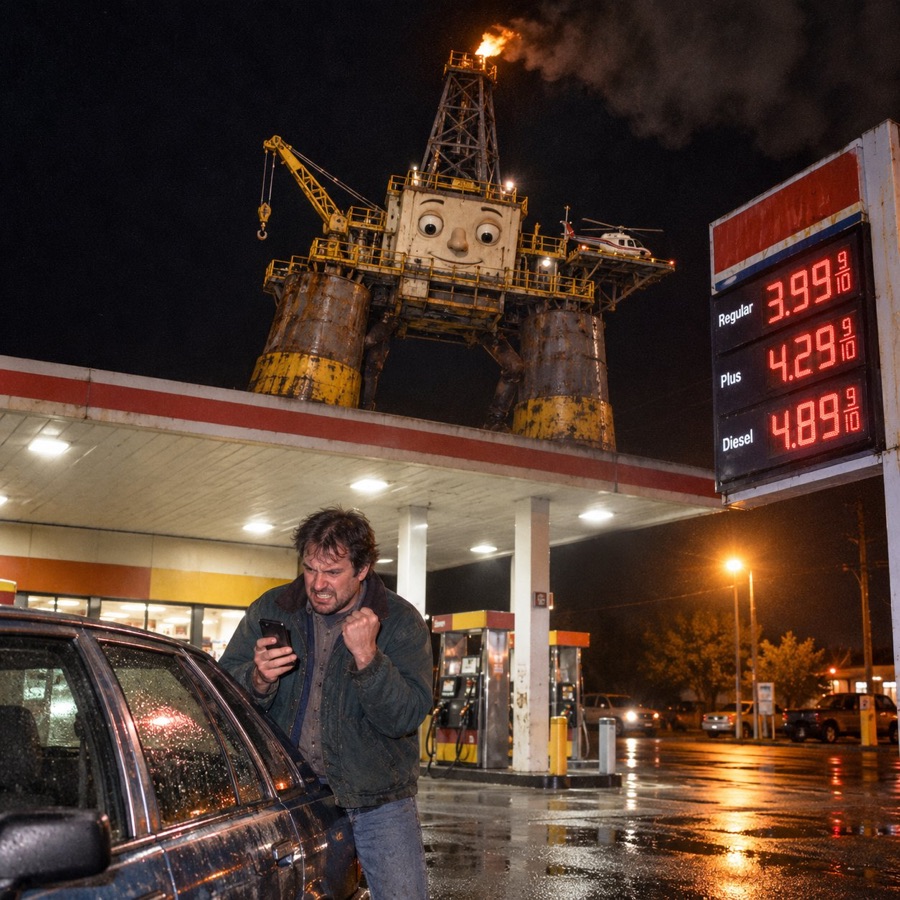 Oil Rig towering over a gas station showing high prices