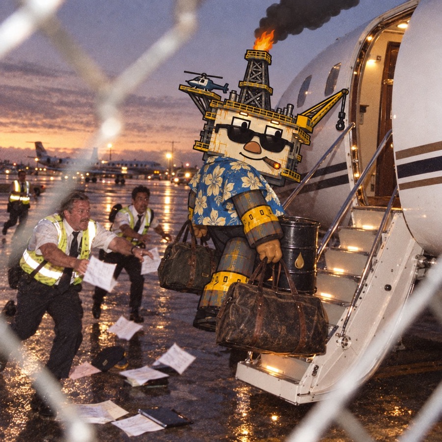 Oil Rig in a Hawaiian shirt carrying bags off a private jet