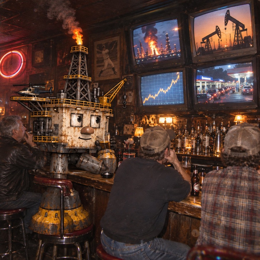 Oil Rig at a dive bar watching oil charts on the TVs