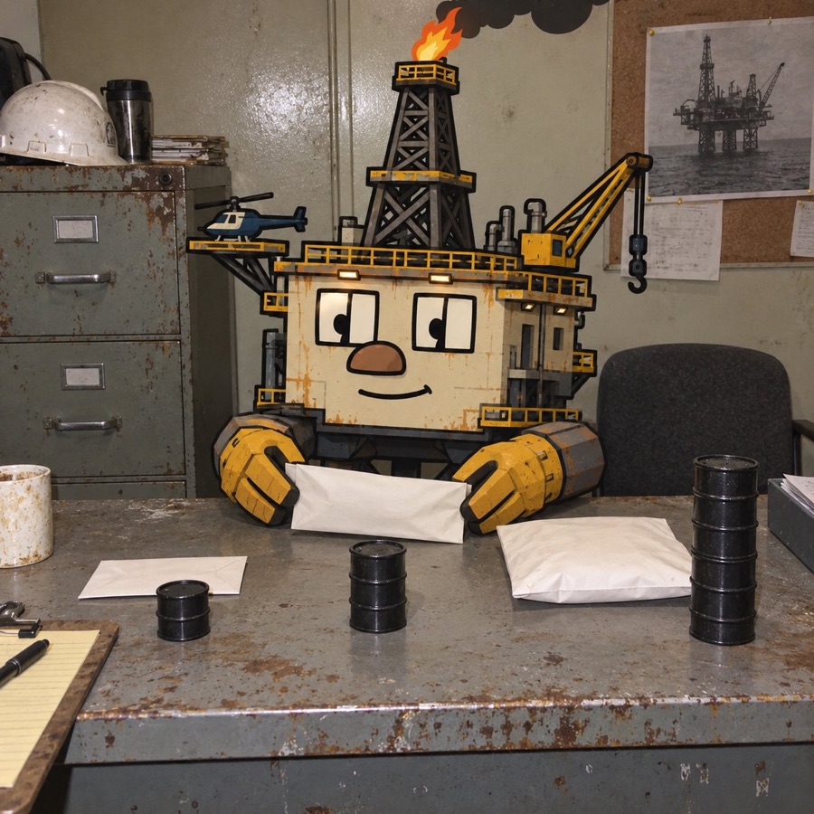 Oil Rig at an office desk with small oil barrels