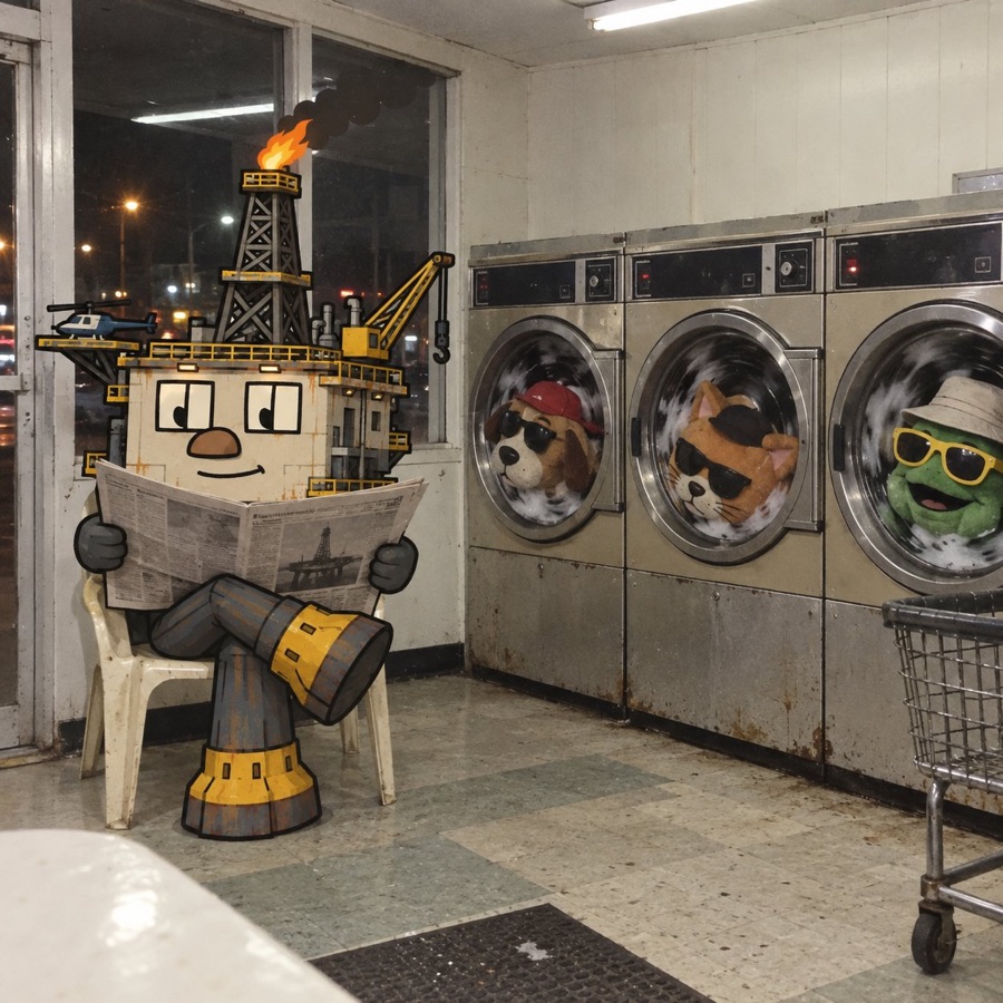 Oil Rig reading the paper at a laundromat while dog coins spin in the dryers