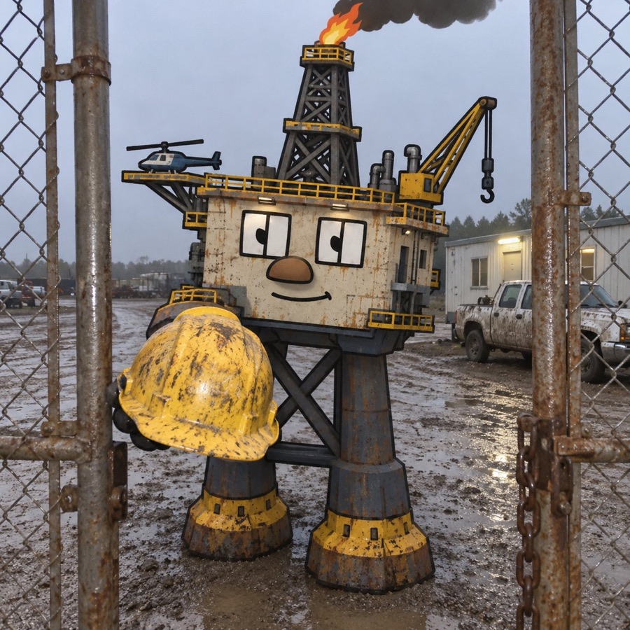 Oil Rig standing in a muddy yard holding a hard hat