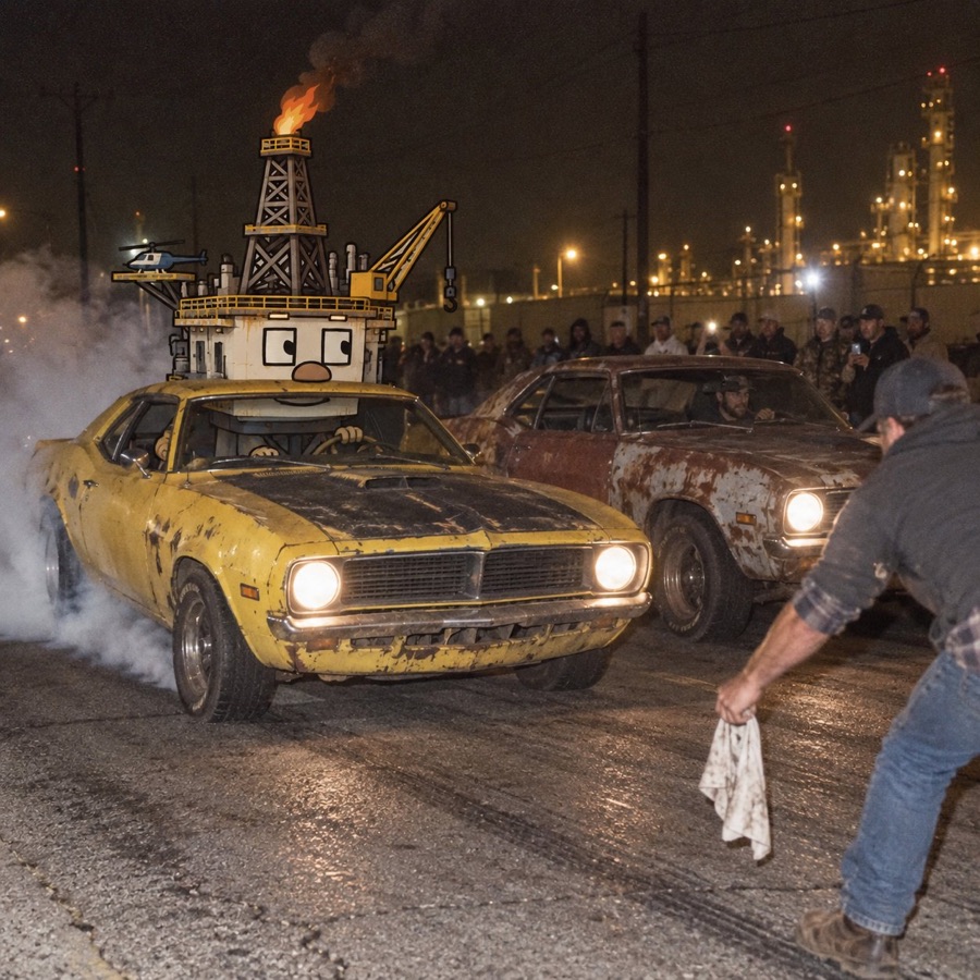 Oil Rig drag racing in a yellow muscle car