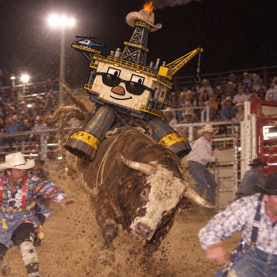 Oil Rig riding a bull at the rodeo