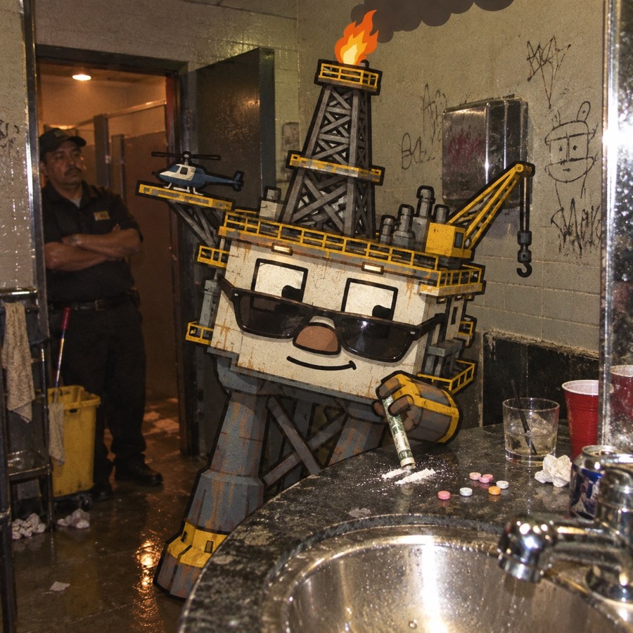 Oil Rig in sunglasses at a grimy bar bathroom sink