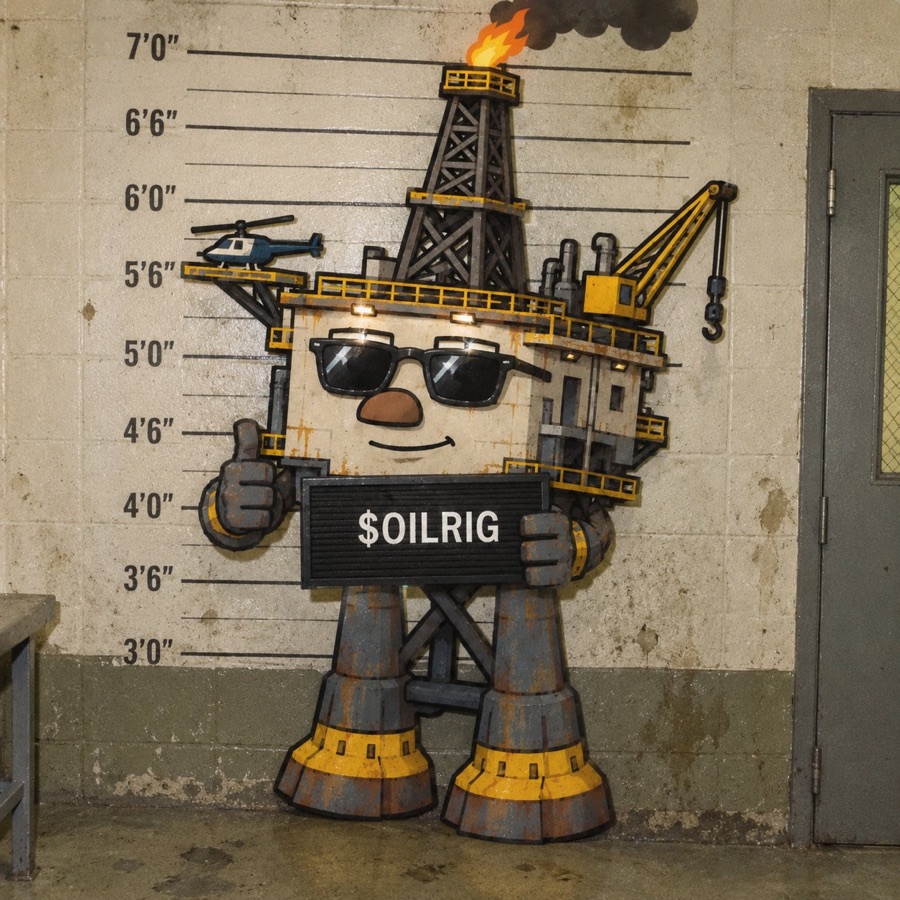 Oil Rig mugshot holding a $OILRIG sign