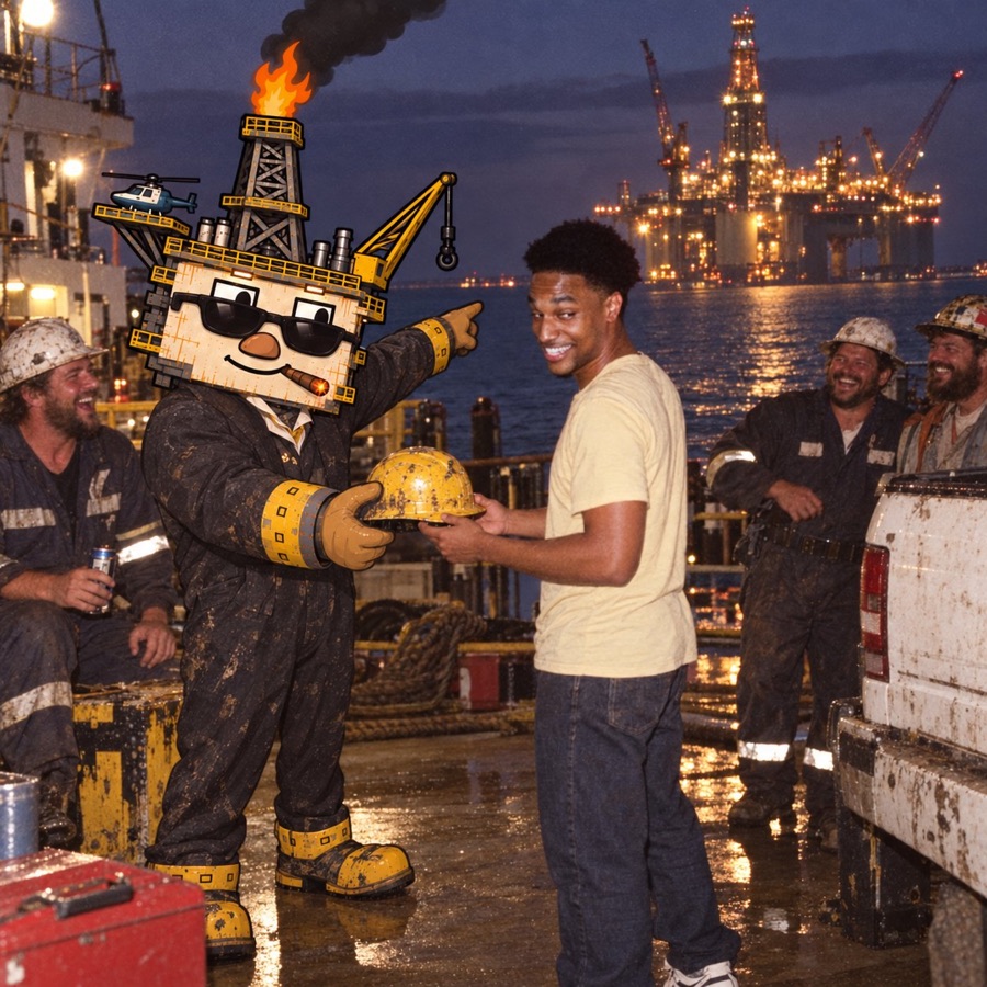 Oil Rig handing a hard hat to a new rig worker