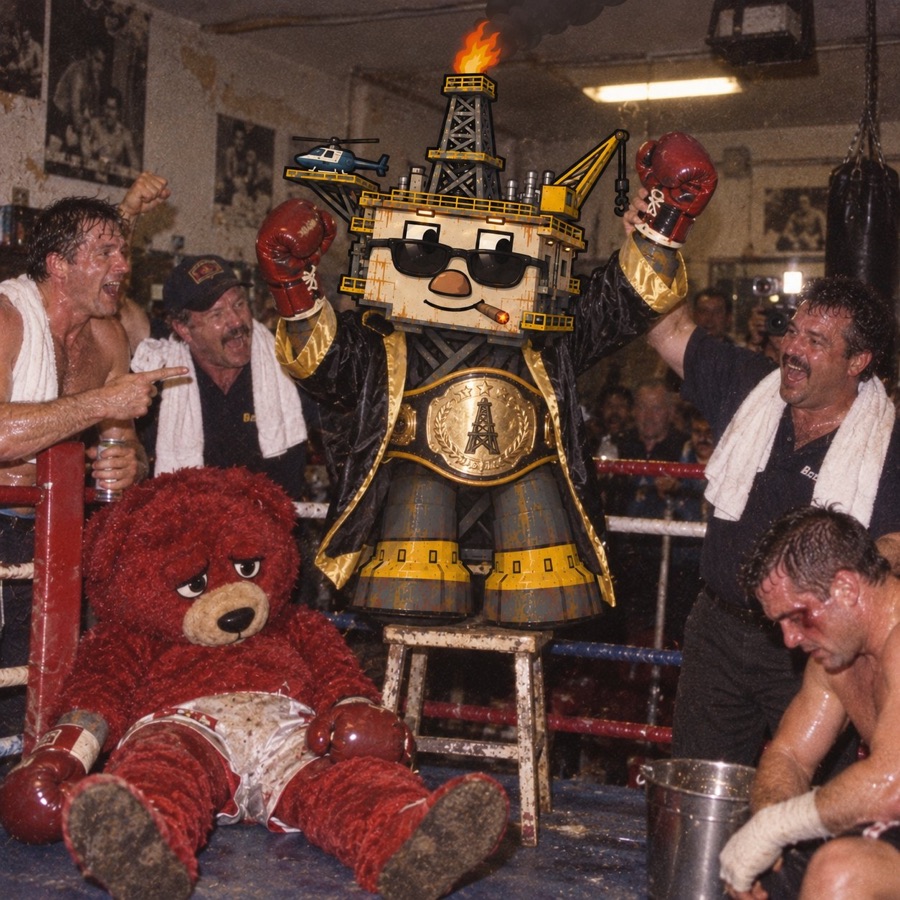 Oil Rig as boxing champion with a knocked-out teddy bear