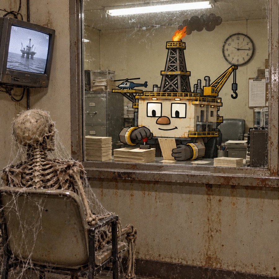 Oil Rig behind a bank teller window next to a skeleton still waiting