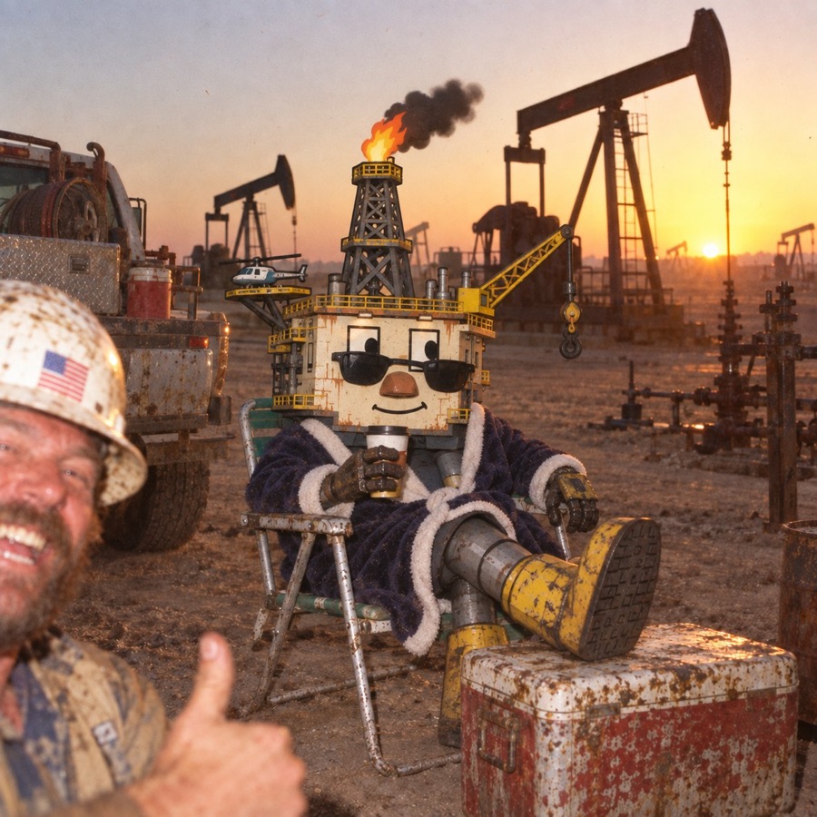 Oil Rig relaxing in a lawn chair in the oil field at sunset