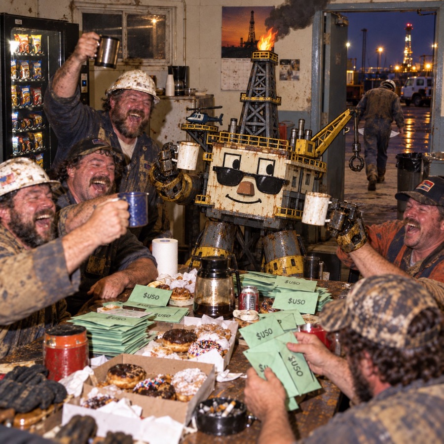 Oil Rig toasting with rig workers over piles of $USO cash and donuts