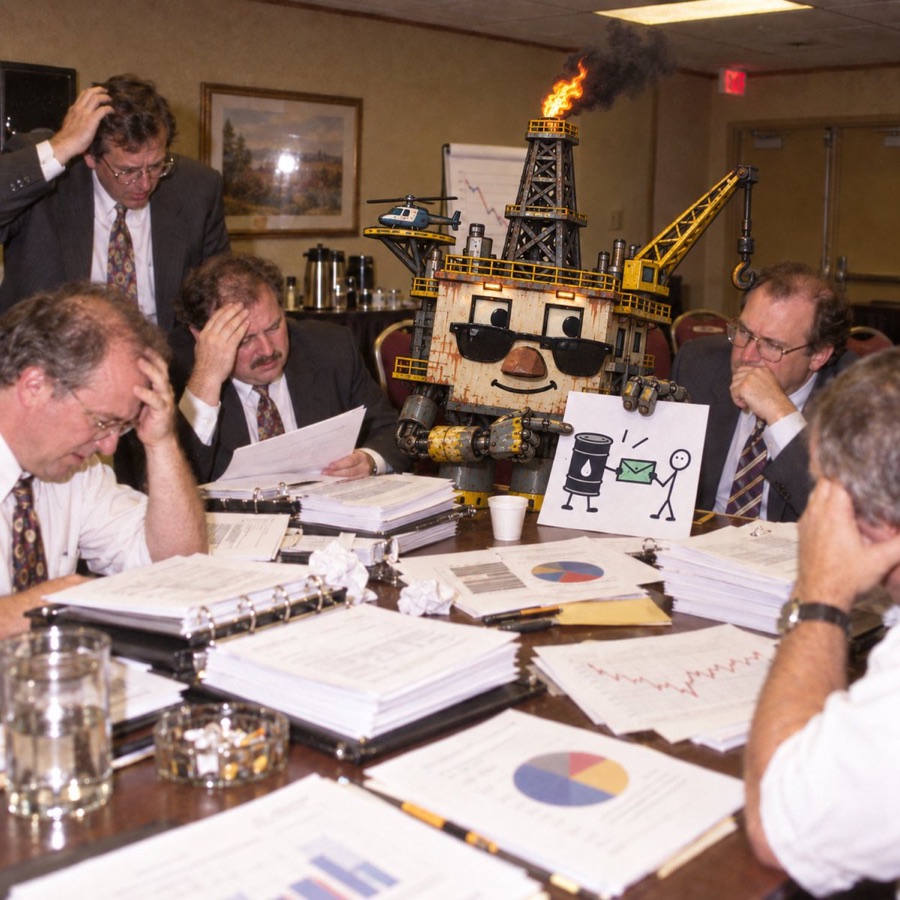 Oil Rig in sunglasses at a boardroom meeting full of stressed executives