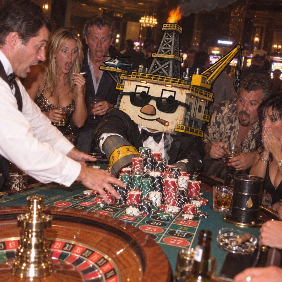 Oil Rig pushing a tower of chips onto the roulette table